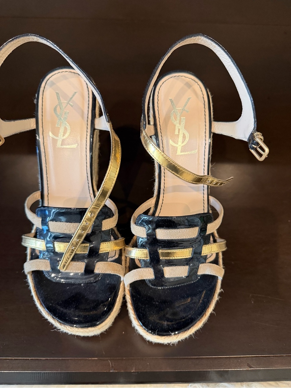 Saint Laurent Black Patent and Gold and Nude Leather Strappy Sandals.